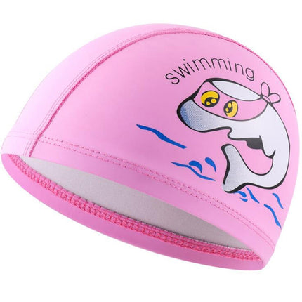 Children Swimming Cap PU Printed Cute Dolphin Pattern Elastic Swimming Cap(Pink)-garmade.com