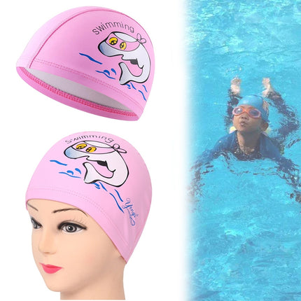 Children Swimming Cap PU Printed Cute Dolphin Pattern Elastic Swimming Cap(Pink)-garmade.com