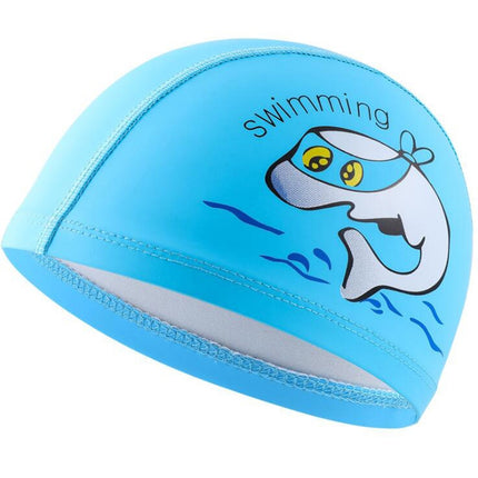 Children Swimming Cap PU Printed Cute Dolphin Pattern Elastic Swimming Cap(Sky Blue)-garmade.com