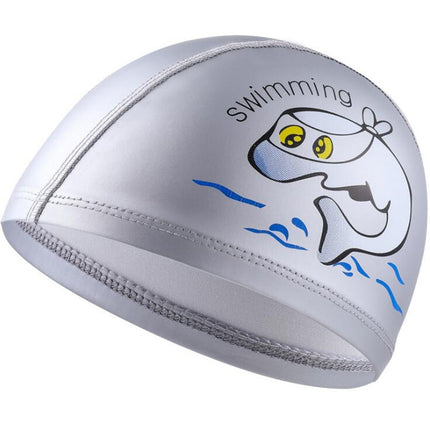 Children Swimming Cap PU Printed Cute Dolphin Pattern Elastic Swimming Cap(Silver Grey)-garmade.com