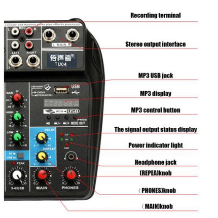 TU04 BT Sound Mixing Console Record 48V Phantom Power Monitor AUX Paths Plus Effects 4 Channels Audio Mixer with USB(Black)-garmade.com