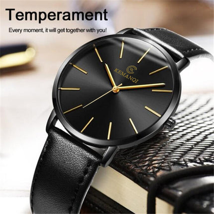 KEMANQI Simple Ultra-thin Waterproof Steel Mesh Belt Quartz Watch for Men( Ultra-thin black shell black dial black band)-garmade.com