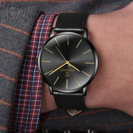 KEMANQI Simple Ultra-thin Waterproof Steel Mesh Belt Quartz Watch for Men( Ultra-thin black shell black dial black band)-garmade.com