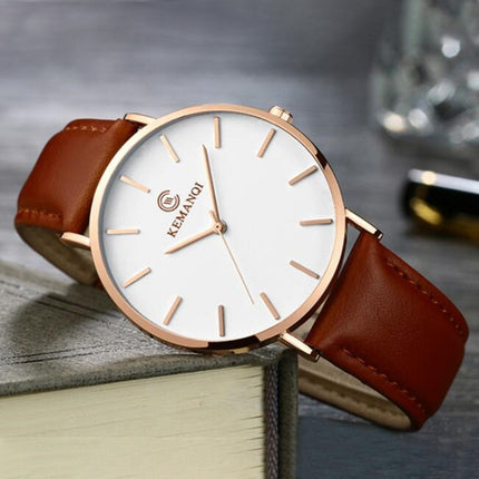 KEMANQI Simple Ultra-thin Waterproof Steel Mesh Belt Quartz Watch for Men(Ultra-thin Rose gold shell white dial coffee band)-garmade.com