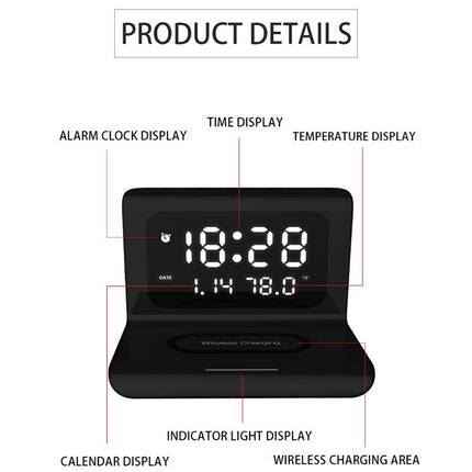 RT1 10W QI Universal Multi-function Mobile Phone Wireless Charger with Alarm Clock & Time / Calendar / Temperature Display(White)-garmade.com