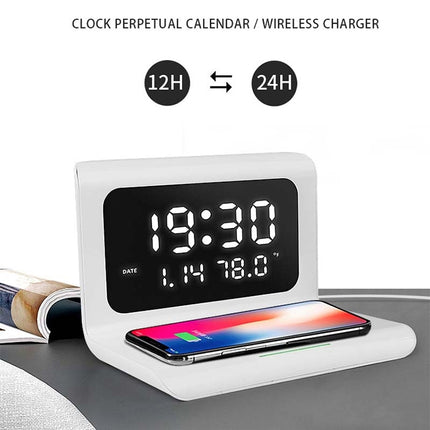 RT1 10W QI Universal Multi-function Mobile Phone Wireless Charger with Alarm Clock & Time / Calendar / Temperature Display(White)-garmade.com