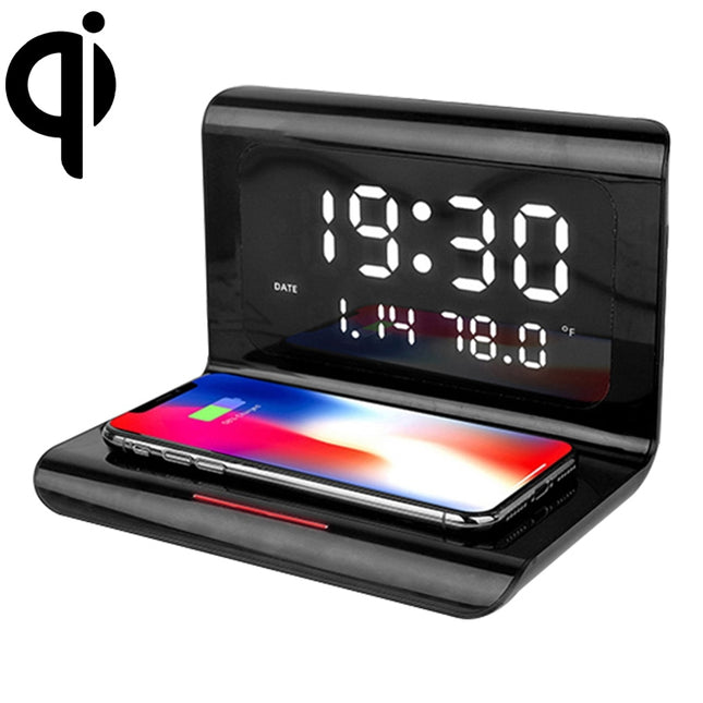 RT1 10W QI Universal Multi-function Mobile Phone Wireless Charger with Alarm Clock & Time / Calendar / Temperature Display(Black)-garmade.com