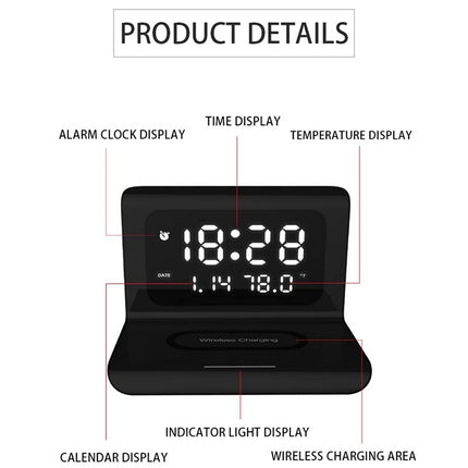 RT1 10W QI Universal Multi-function Mobile Phone Wireless Charger with Alarm Clock & Time / Calendar / Temperature Display(Black)-garmade.com