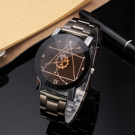 2 PCS Brown Glass Gear Tungsten Steel Strap Watch for Men / Women(Men Black)-garmade.com