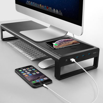 Vaydeer Metal Display Increase Rack Multifunctional Usb Wireless Laptop Screen Stand, Style:L-Wireless Charging-Black(Wireless Charger+1xSplitter+4xUSB3.0) (Black)-garmade.com