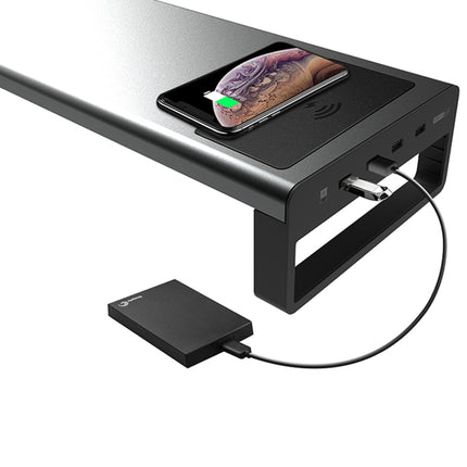 Vaydeer Metal Display Increase Rack Multifunctional Usb Wireless Laptop Screen Stand, Style:L-Wireless Charging-Black(Wireless Charger+1xSplitter+4xUSB3.0) (Black)-garmade.com