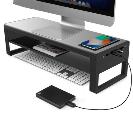 Vaydeer Metal Display Increase Rack Multifunctional Usb Wireless Laptop Screen Stand, Style:L-Wireless Charging Double Layer-Black(Wireless Charger+1xSplitter+4xUSB3.0) (Black)-garmade.com