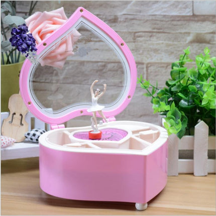 Heart Shape Dancing Ballerina Music Box Plastic Jewellery Box Girls Carousel Hand Crank Gift(Pink)-garmade.com