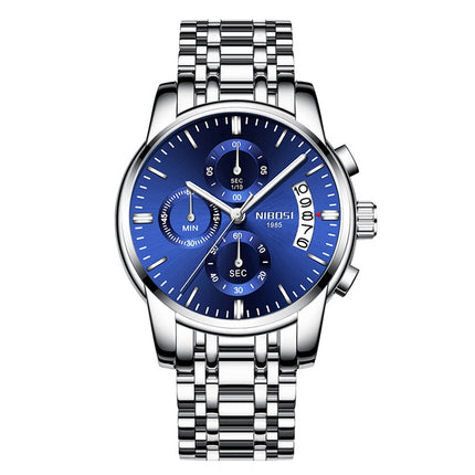 NIBOSI 2353 Three-eye Six-needle Timing Sports Quartz Watch for Men(Silver Blue Steel)-garmade.com