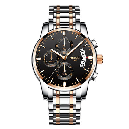 NIBOSI 2353 Three-eye Six-needle Timing Sports Quartz Watch for Men(RoseGold Black Steel)-garmade.com