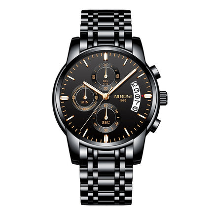 NIBOSI 2353 Three-eye Six-needle Timing Sports Quartz Watch for Men(Black Gold Steel)-garmade.com