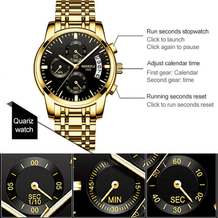 NIBOSI 2353 Three-eye Six-needle Timing Sports Quartz Watch for Men(Black Gold Steel)-garmade.com