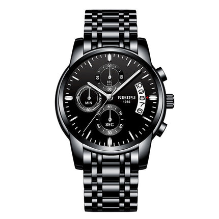 NIBOSI 2353 Three-eye Six-needle Timing Sports Quartz Watch for Men(Whole Black Steel)-garmade.com