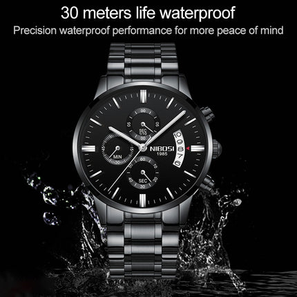 NIBOSI 2353 Three-eye Six-needle Timing Sports Quartz Watch for Men(Whole Black Steel)-garmade.com