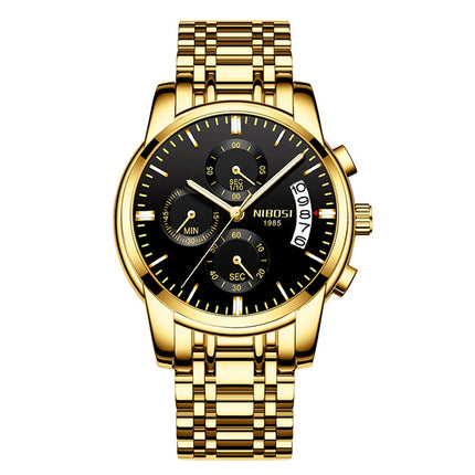 NIBOSI 2353 Three-eye Six-needle Timing Sports Quartz Watch for Men(Gold BlackSteel)-garmade.com