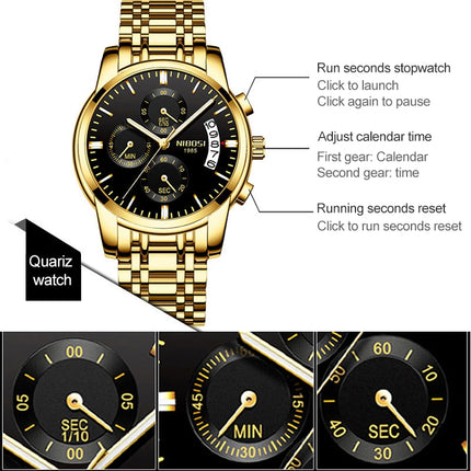 NIBOSI 2353 Three-eye Six-needle Timing Sports Quartz Watch for Men(Gold BlackSteel)-garmade.com