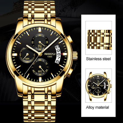 NIBOSI 2353 Three-eye Six-needle Timing Sports Quartz Watch for Men(Gold BlackSteel)-garmade.com