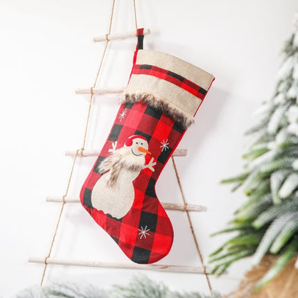 Christmas Decorations Christmas Socks Linen Red Black Plaid Christmas Socks Gift Bag(Snowman)-garmade.com
