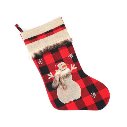 Christmas Decorations Christmas Socks Linen Red Black Plaid Christmas Socks Gift Bag(Snowman)-garmade.com