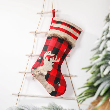 Christmas Decorations Christmas Socks Linen Red Black Plaid Christmas Socks Gift Bag(Elk)-garmade.com