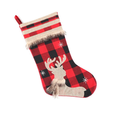 Christmas Decorations Christmas Socks Linen Red Black Plaid Christmas Socks Gift Bag(Elk)-garmade.com