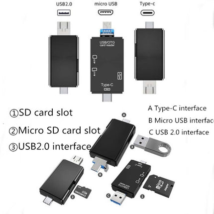 2 PCS Type-C & Micro USB & USB 2.0 3 in 1 Ports Multi-function Card Reader, Support U Disk / TF / SD(Black)-garmade.com