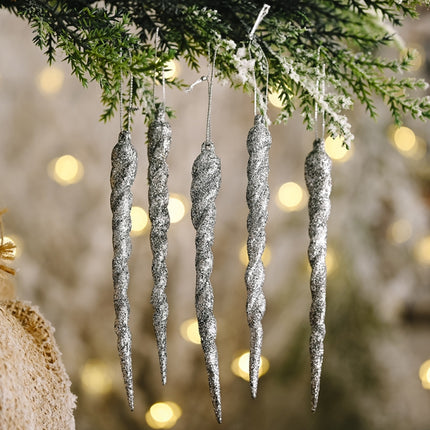 5pcs/bag Christmas Decorations Colorful Ice Bar Pendant Small Tree Threaded Ornament(Silver)-garmade.com