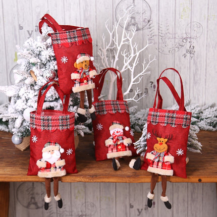 Christmas Burlap Gift Bag Candy Bag Plaid Tote Bag(Bear)-garmade.com