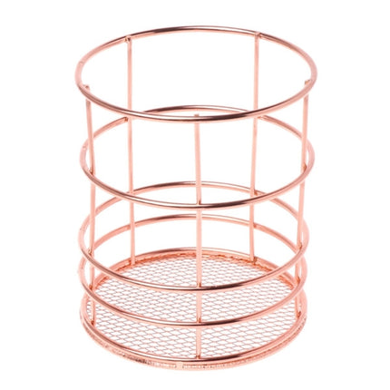 Rose Gold Metal Pen Holder Box Case Iron Art Receiving Basket Desk Stationery Office School Desk Supplies(Round)-garmade.com