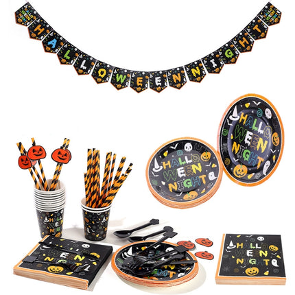 24 Person Set Halloween Party Decoration Tableware Set Tablecloth Paper Plate Banner Without Straw-garmade.com