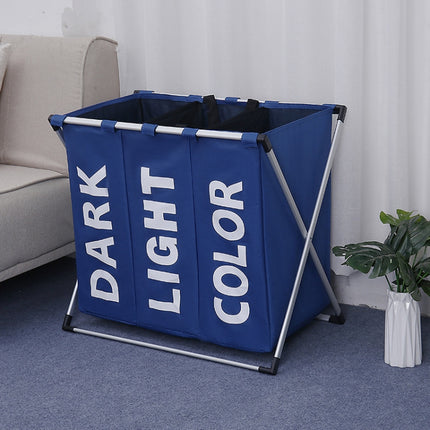 Collapsible Three Grid Dirty Clothes Laundry Hamper Organizer Home Storage Basket(Blue)-garmade.com