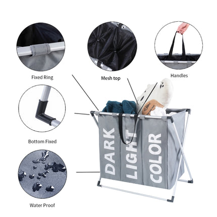 Collapsible Three Grid Dirty Clothes Laundry Hamper Organizer Home Storage Basket(Coffee)-garmade.com