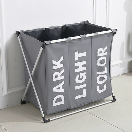 Collapsible Three Grid Dirty Clothes Laundry Hamper Organizer Home Storage Basket(Gray)-garmade.com