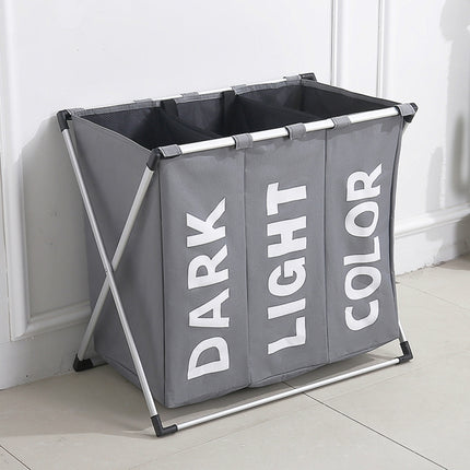 Collapsible Three Grid Dirty Clothes Laundry Hamper Organizer Home Storage Basket(Gray)-garmade.com