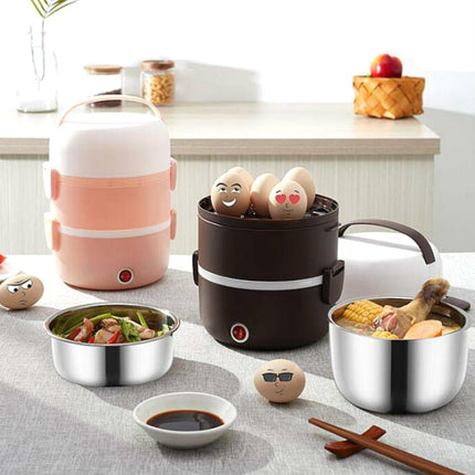 LINGRUI Multi-Function Electric Lunch Box Electric Heating Insulation Cooking Mini Rice Cooker, CN Plug, Specification:Double Layer(Pink)-garmade.com