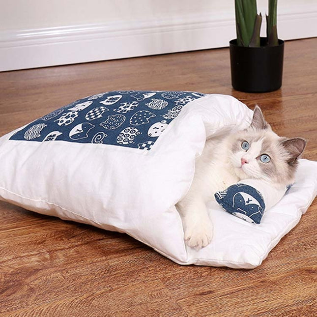 Closed Removable and Washable Cat Litter Sleeping Bag Winter Warm Dog Kennel, Size: S(Navy Blue Cat)-garmade.com