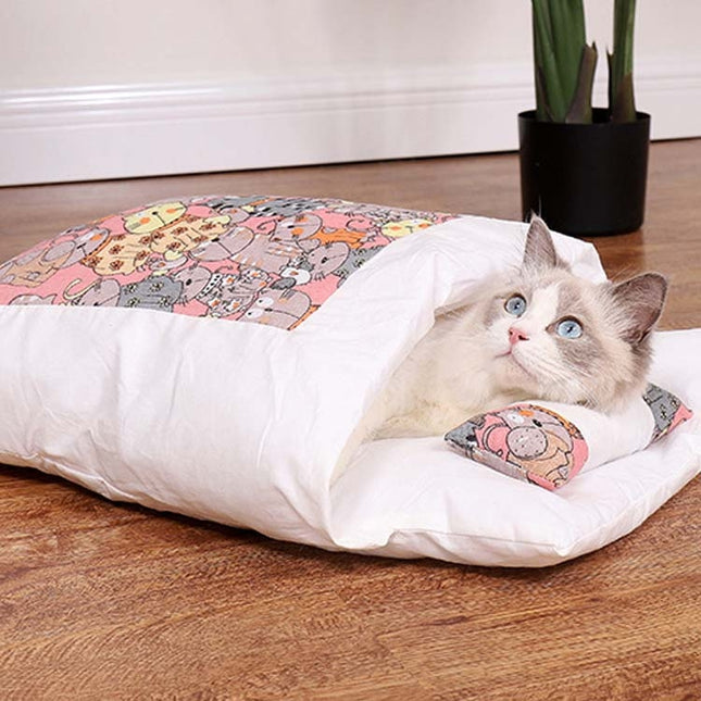 Closed Removable and Washable Cat Litter Sleeping Bag Winter Warm Dog Kennel, Size: S(Pink Cat)-garmade.com