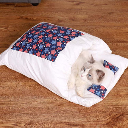 Closed Removable and Washable Cat Litter Sleeping Bag Winter Warm Dog Kennel, Size: S(Dark Blue Stars)-garmade.com