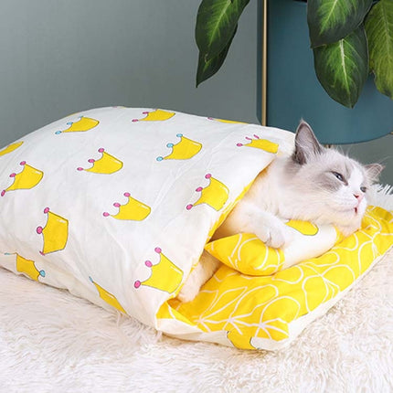 Closed Removable and Washable Cat Litter Sleeping Bag Winter Warm Dog Kennel, Size: S(Yellow Crown)-garmade.com