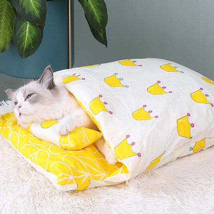 Closed Removable and Washable Cat Litter Sleeping Bag Winter Warm Dog Kennel, Size: S(Yellow Crown)-garmade.com
