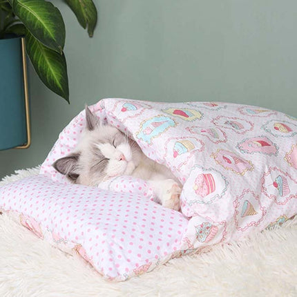 Closed Removable and Washable Cat Litter Sleeping Bag Winter Warm Dog Kennel, Size: S(Pink Ice Cream)-garmade.com