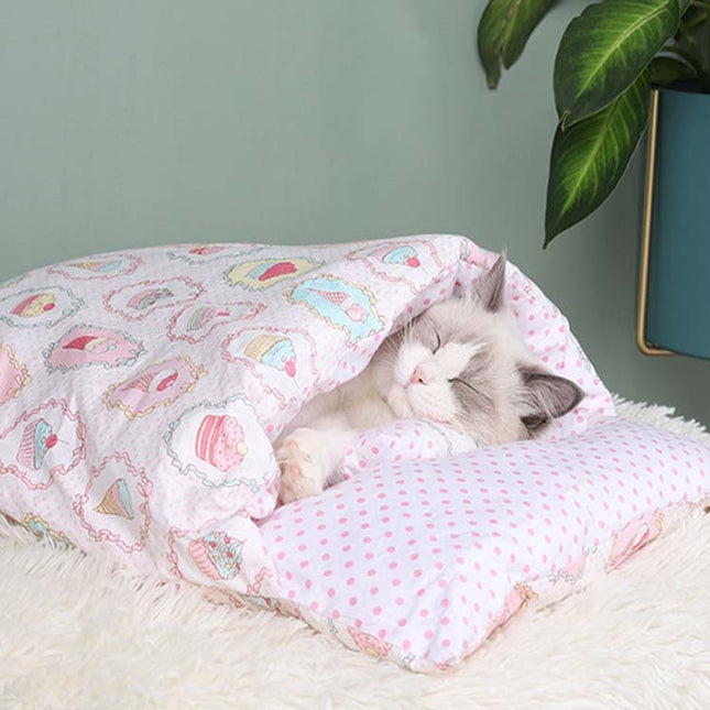 Closed Removable and Washable Cat Litter Sleeping Bag Winter Warm Dog Kennel, Size: M(Pink Ice Cream)-garmade.com