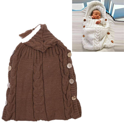 Children Sweater Wooden Button Tassel Hat Baby Hooded Sleeping Bag, Size:One Size(Brown)-garmade.com