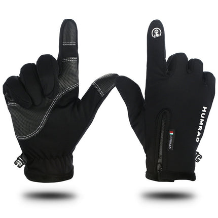 HUMRAO Outdoor Riding Gloves Winter Velvet Thermal Gloves Ski Motorcycle Waterproof Non-Slip Gloves, Size: L(Black)-garmade.com