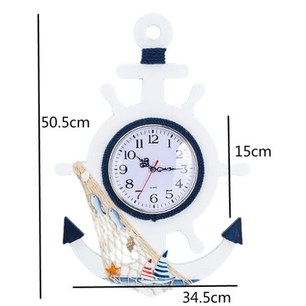 Mediterranean Style Blue And White Rudder Clock Wall Clock Home Living Room Bedroom Decoration Wooden Crafts, Style:Sailing-garmade.com